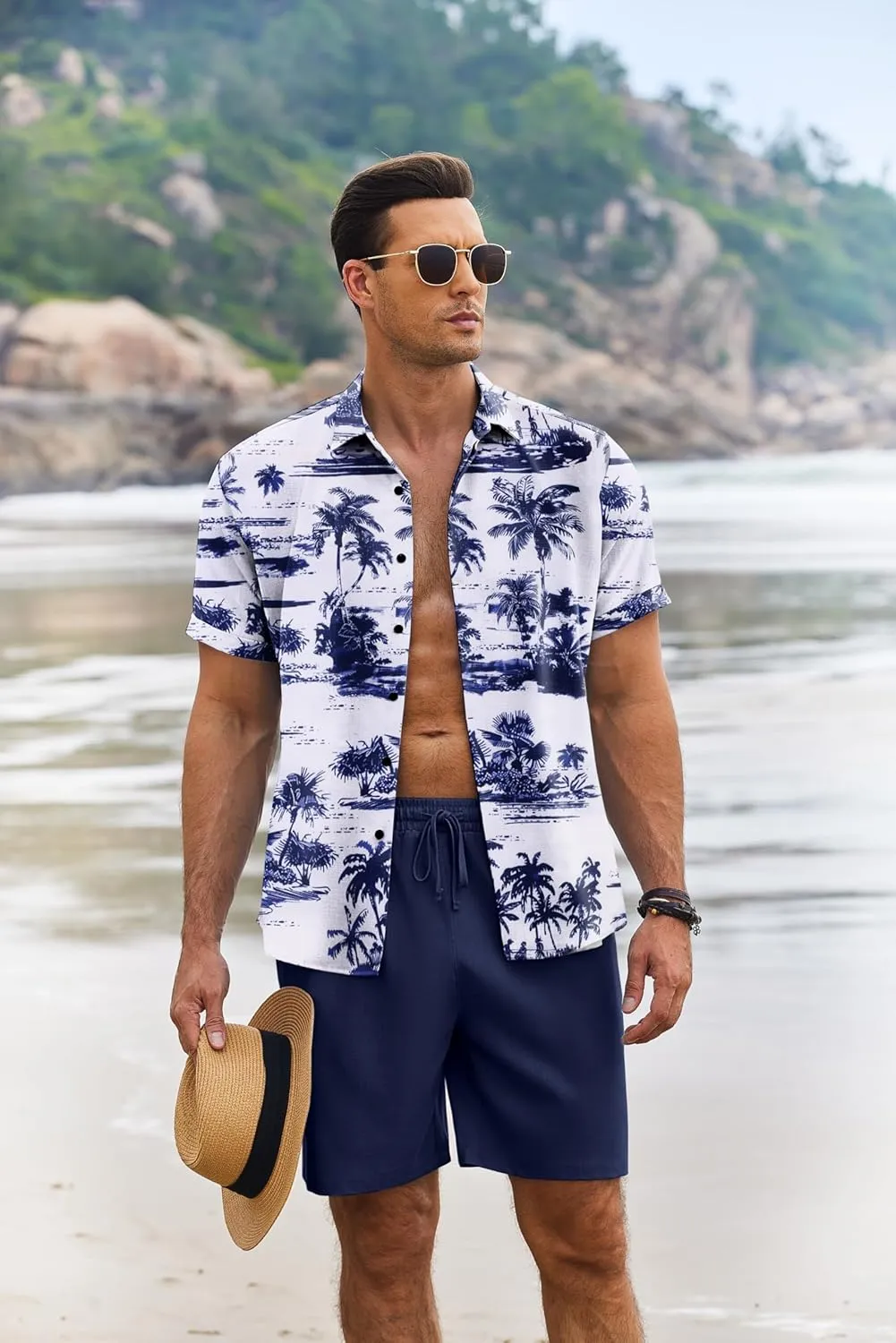 COOFANDY Men's Summer Beach Outfits 2 Piece Short Sleeve Shirts and Shorts Vacation Texture Linen Sets for Men