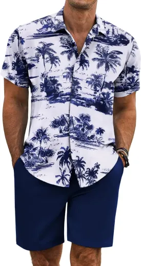 COOFANDY Men's Summer Beach Outfits 2 Piece Short Sleeve Shirts and Shorts Vacation Texture Linen Sets for Men