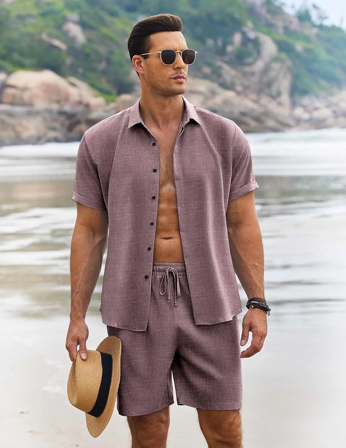 COOFANDY Men's Summer Beach Outfits 2 Piece Short Sleeve Shirts and Shorts Vacation Texture Linen Sets for Men