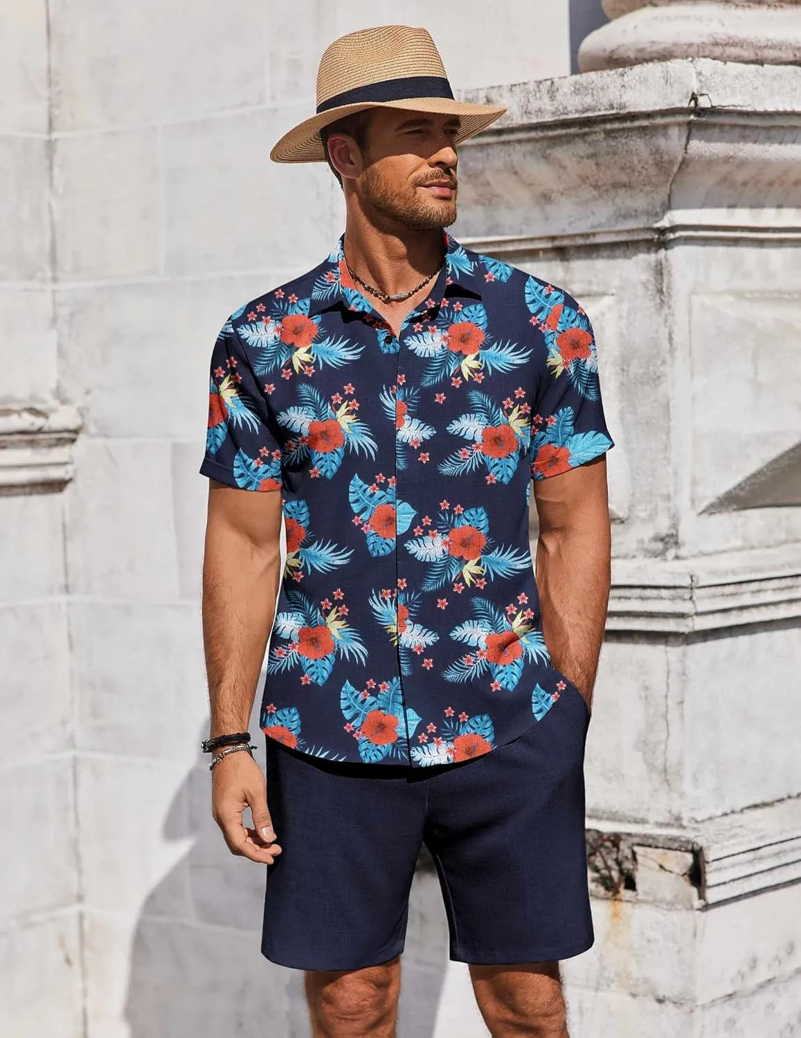 COOFANDY Men's Summer Beach Outfits 2 Piece Short Sleeve Shirts and Shorts Vacation Texture Linen Sets for Men