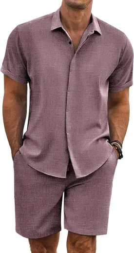 COOFANDY Men's Summer Beach Outfits 2 Piece Short Sleeve Shirts and Shorts Vacation Texture Linen Sets for Men