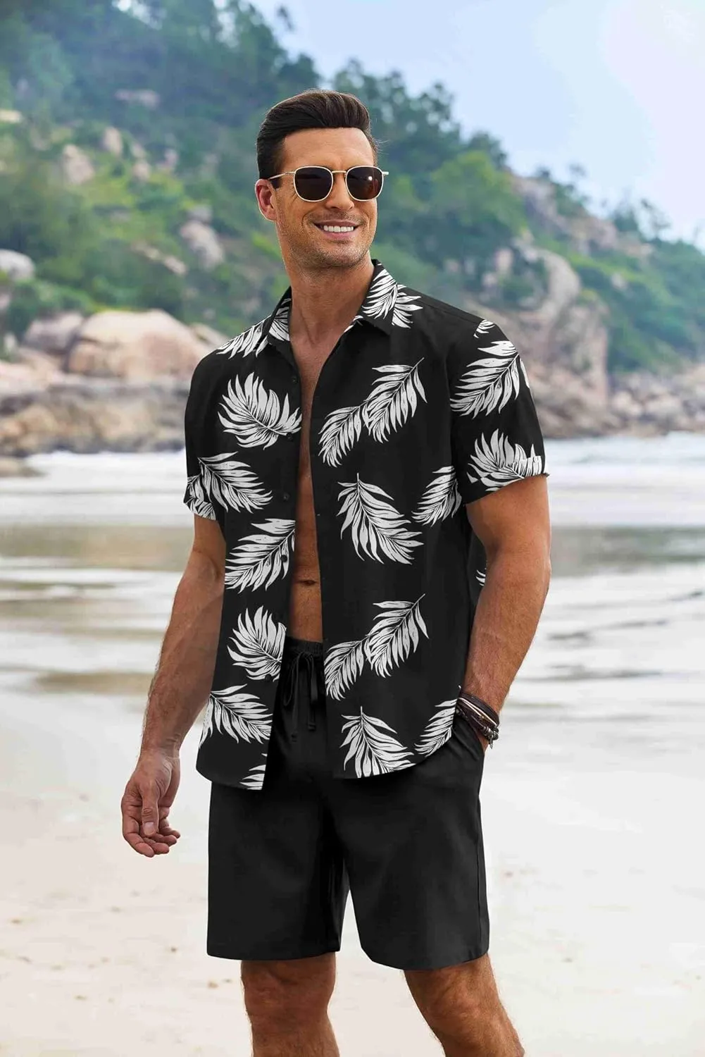 COOFANDY Men's Summer Beach Outfits 2 Piece Short Sleeve Shirts and Shorts Vacation Texture Linen Sets for Men