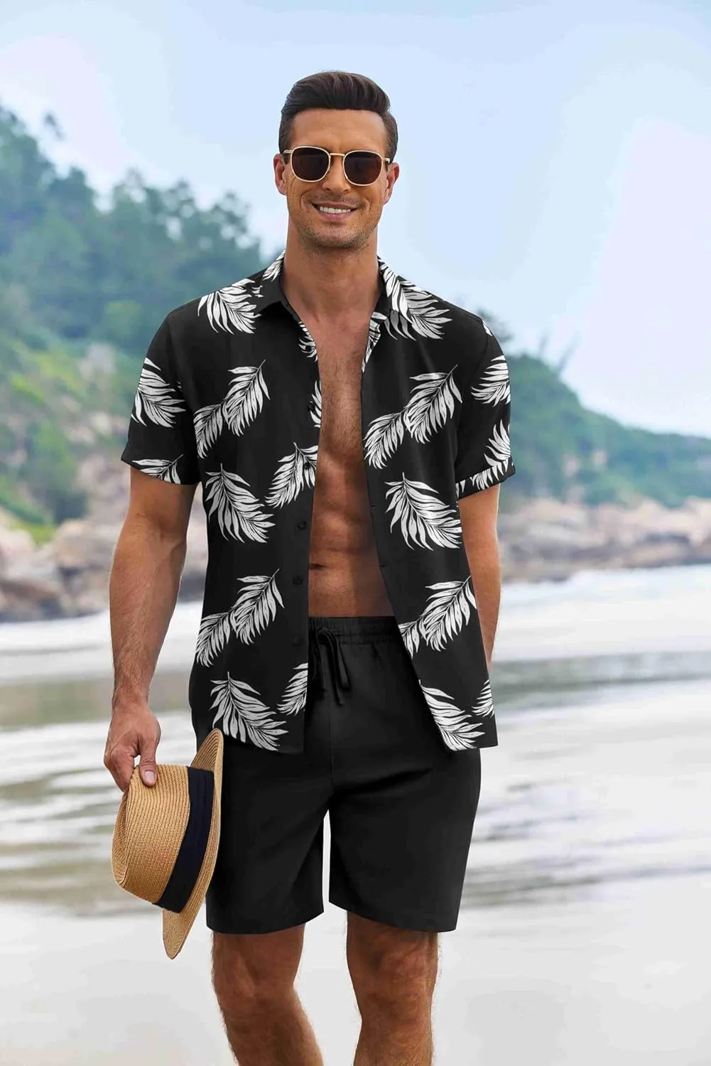 COOFANDY Men's Summer Beach Outfits 2 Piece Short Sleeve Shirts and Shorts Vacation Texture Linen Sets for Men