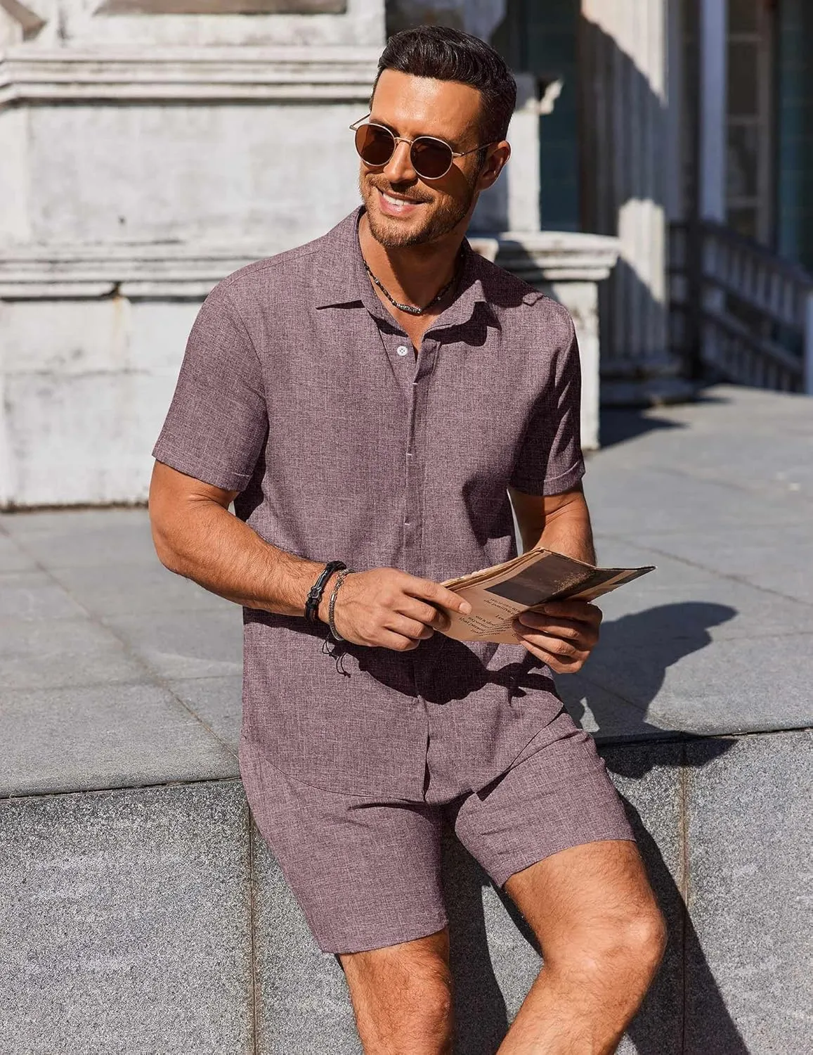 COOFANDY Men's Summer Beach Outfits 2 Piece Short Sleeve Shirts and Shorts Vacation Texture Linen Sets for Men