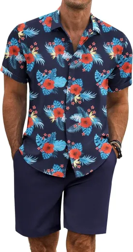 COOFANDY Men's Summer Beach Outfits 2 Piece Short Sleeve Shirts and Shorts Vacation Texture Linen Sets for Men