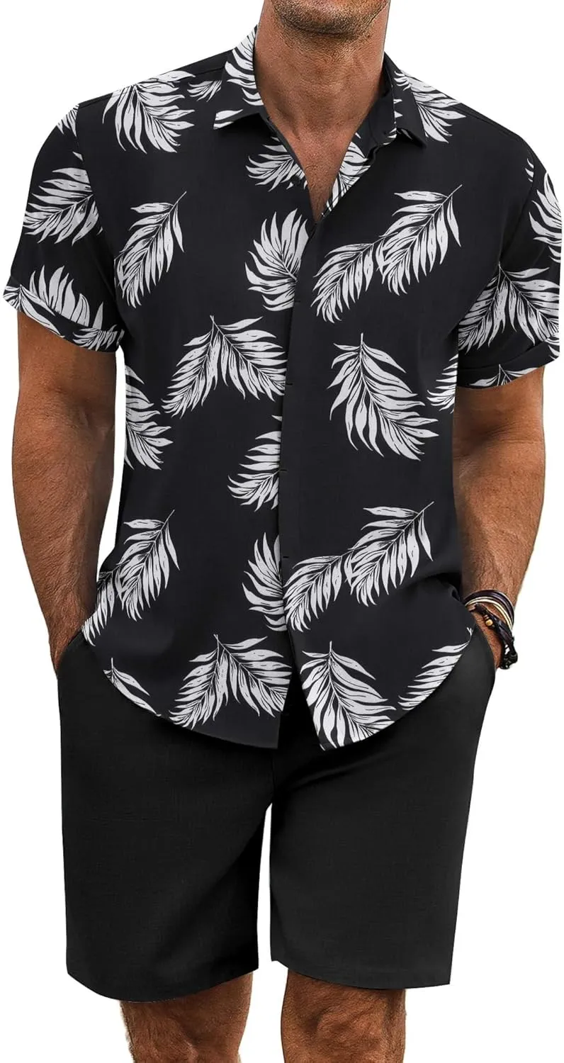 COOFANDY Men's Summer Beach Outfits 2 Piece Short Sleeve Shirts and Shorts Vacation Texture Linen Sets for Men