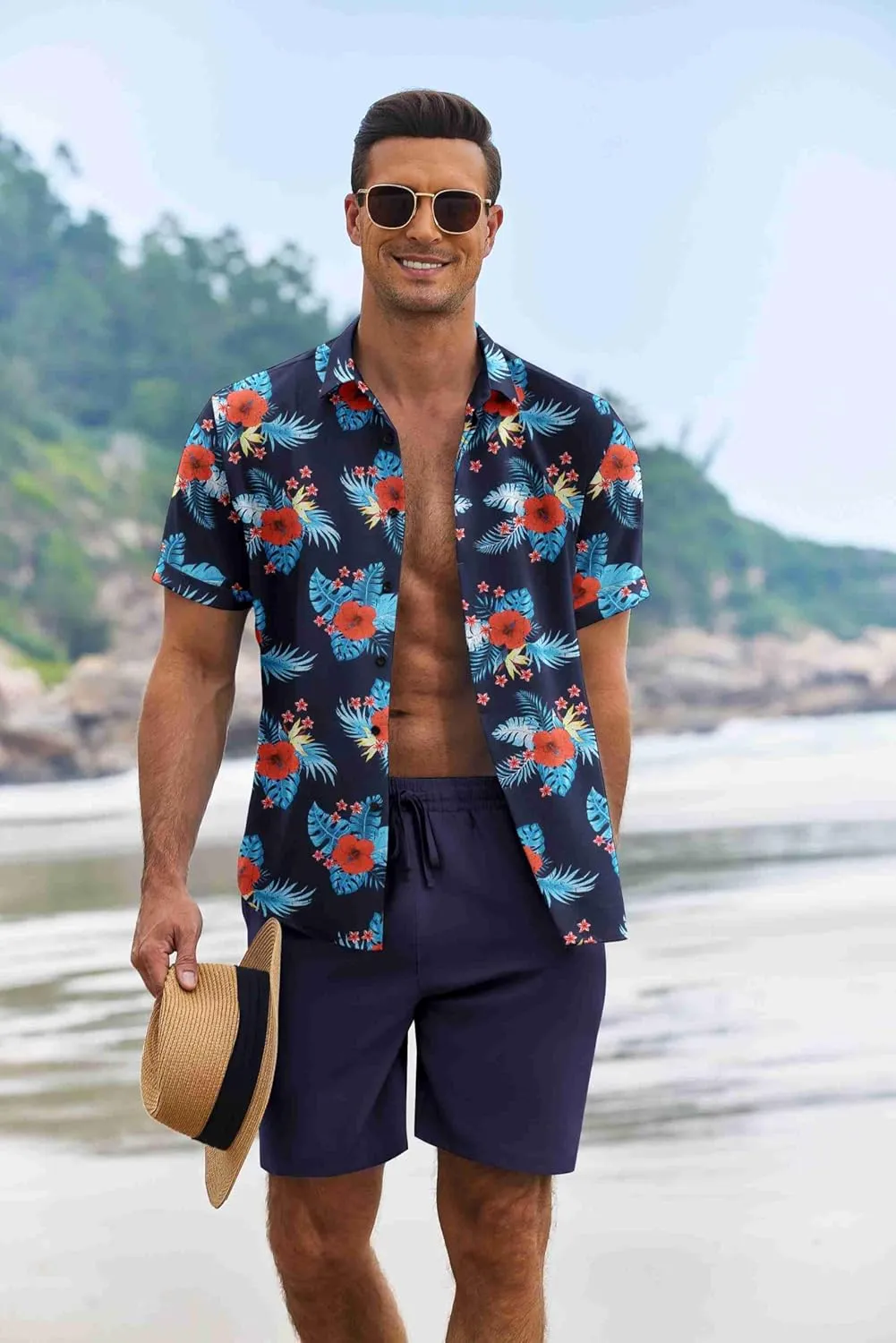 COOFANDY Men's Summer Beach Outfits 2 Piece Short Sleeve Shirts and Shorts Vacation Texture Linen Sets for Men