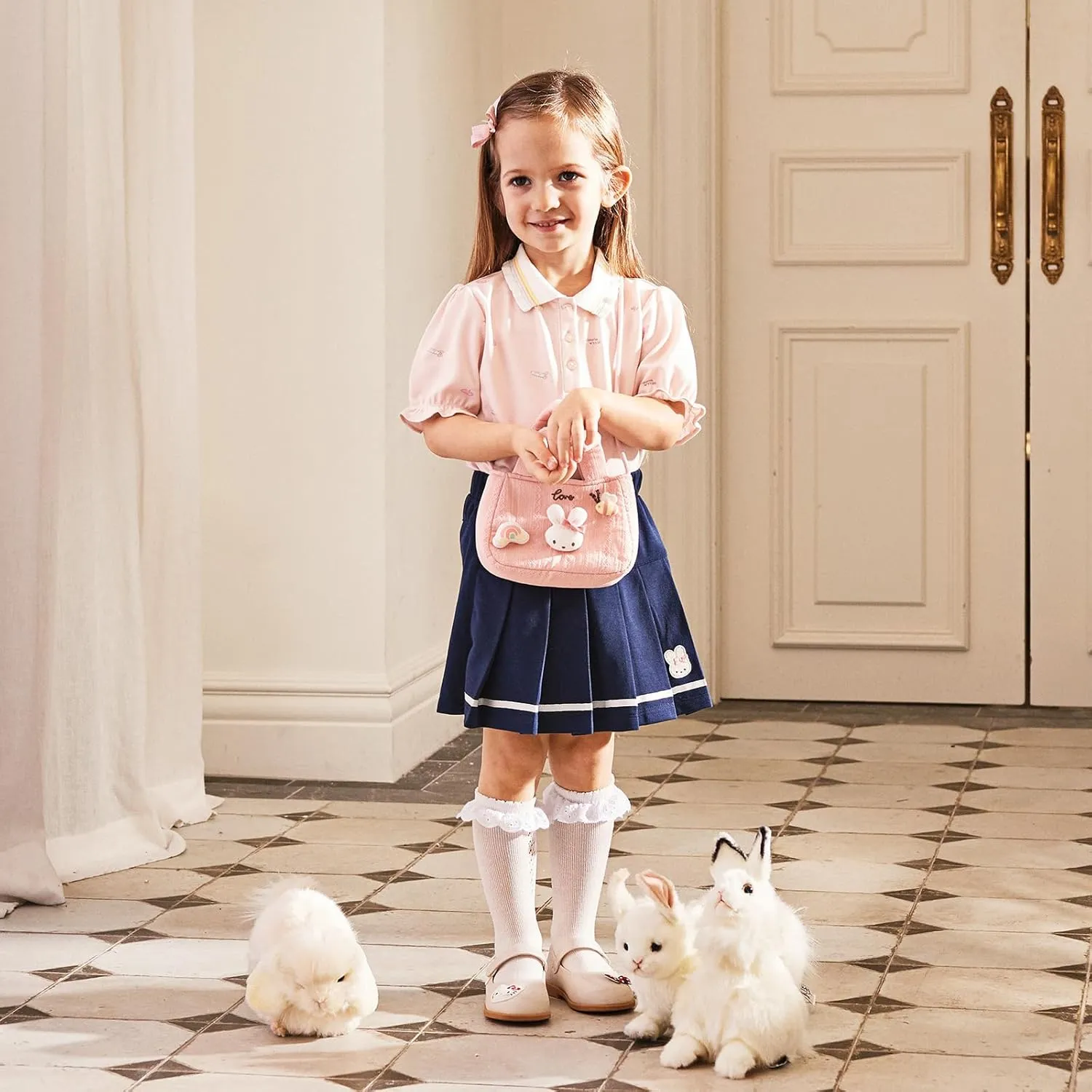 DAVE&BELLA Girls Short Sleeve Polo Shirts Quick Dry Ruffle Golf Tennis T Shirts Rabbit Print School Uniform Tops for Aged 1-8
