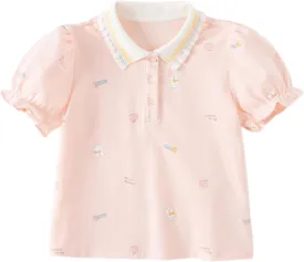 DAVE&BELLA Girls Short Sleeve Polo Shirts Quick Dry Ruffle Golf Tennis T Shirts Rabbit Print School Uniform Tops for Aged 1-8