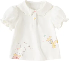 DAVE&BELLA Girls Short Sleeve Polo Shirts Quick Dry Ruffle Golf Tennis T Shirts Rabbit Print School Uniform Tops for Aged 1-8