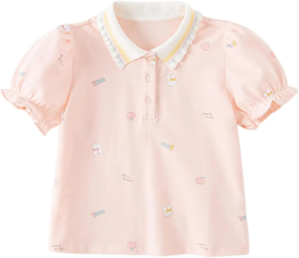 DAVE&BELLA Girls Short Sleeve Polo Shirts Quick Dry Ruffle Golf Tennis T Shirts Rabbit Print School Uniform Tops for Aged 1-8