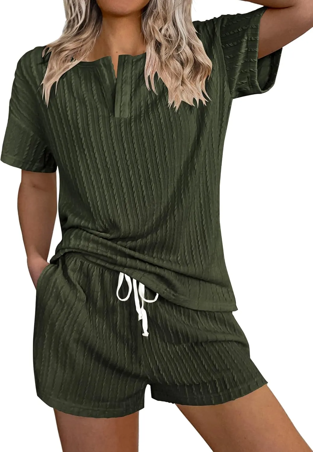 Ekouaer Ribbed Knit Lounge Sets for Women 2 Piece Outfits Short Sleeve Top and Shorts Pajama Sets Tracksuit Sweatsuits