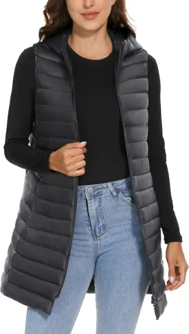 ELFJOY Long Puffer Vest Women Lightweight Down Vest with Hood Winter Warm Womens Vests Outerwear Sleeveless Puffer Jacket