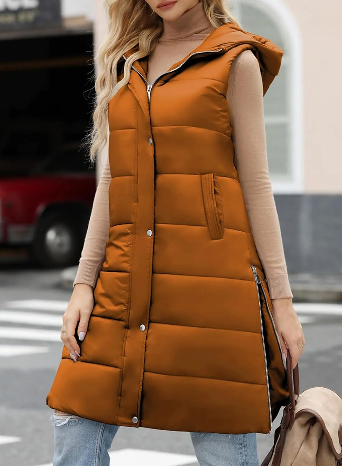 EVALESS Womens Long Puffer Vest Quilted Hooded Sleeveless Zip Up Down Jacket Winter Warm Lightweight Gilet Coat Outerwear