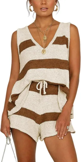 Faleave Women's Two Piece Outfits Knit Sweater Sets V-Neck Sleeveless Tank Top and Drawstring Shorts Set Lounge Sets