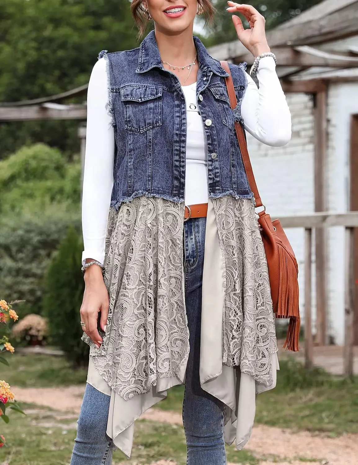Flygo Women's Sleeveless Denim Vest Jean Dress Mid Long Irregular Lace Patchwork Draped Cardigan Jacket