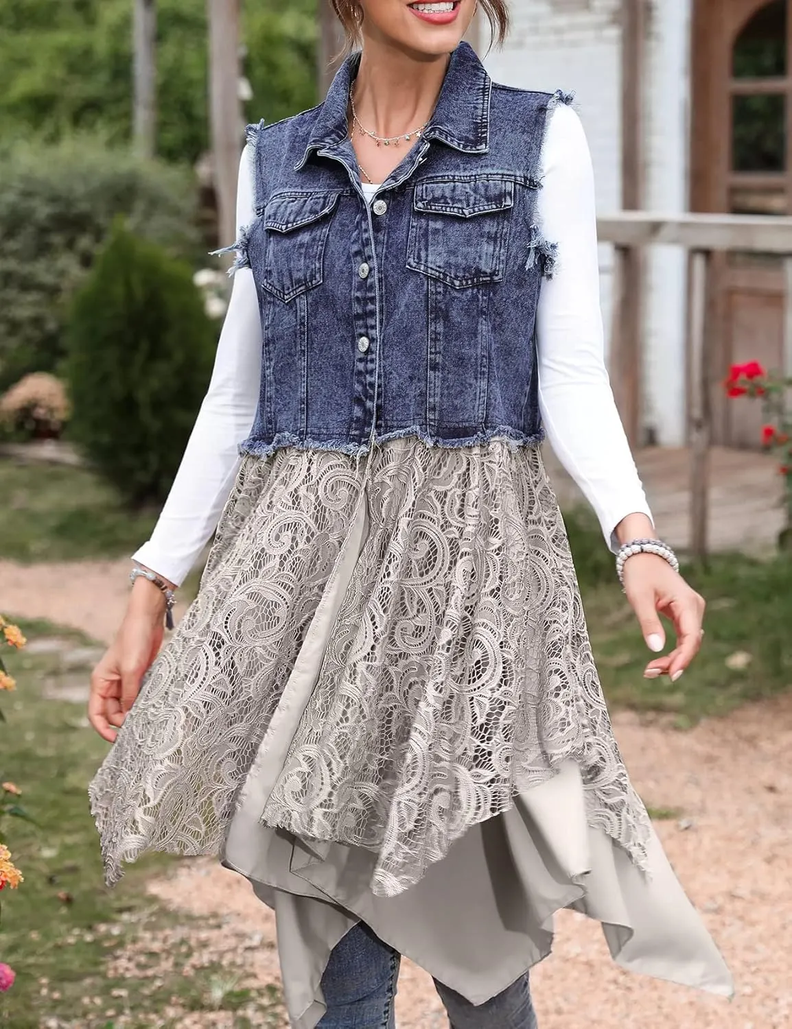 Flygo Women's Sleeveless Denim Vest Jean Dress Mid Long Irregular Lace Patchwork Draped Cardigan Jacket
