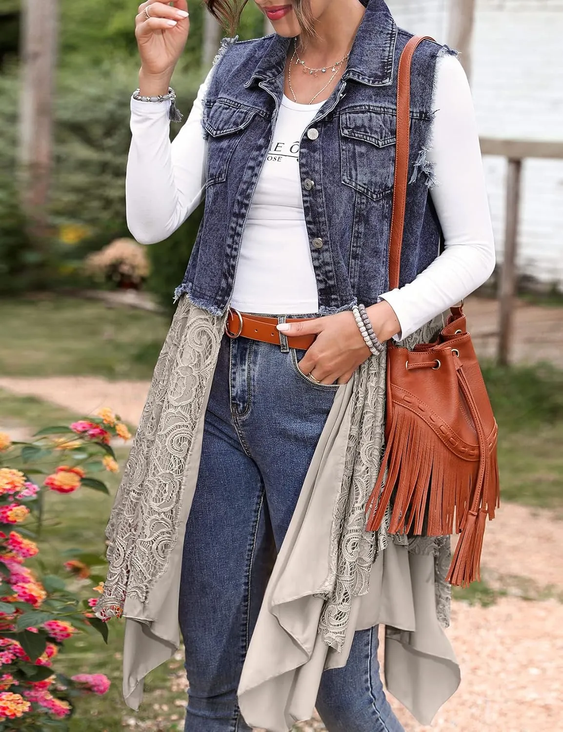 Flygo Women's Sleeveless Denim Vest Jean Dress Mid Long Irregular Lace Patchwork Draped Cardigan Jacket