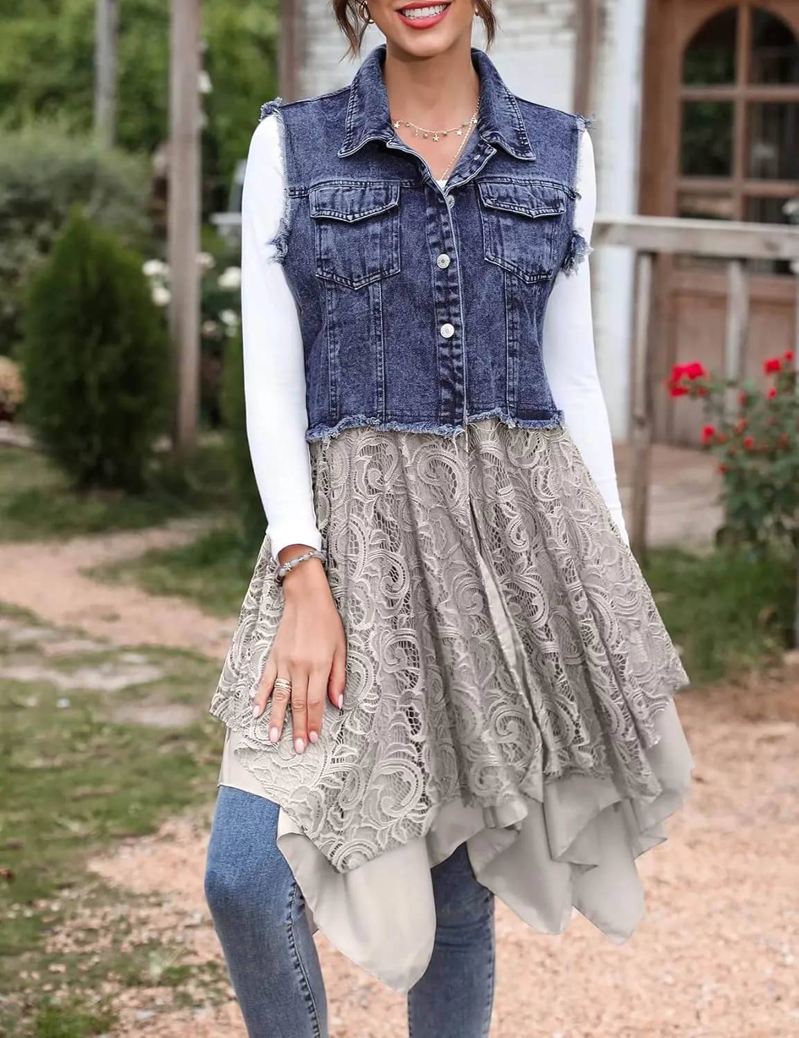 Flygo Women's Sleeveless Denim Vest Jean Dress Mid Long Irregular Lace Patchwork Draped Cardigan Jacket