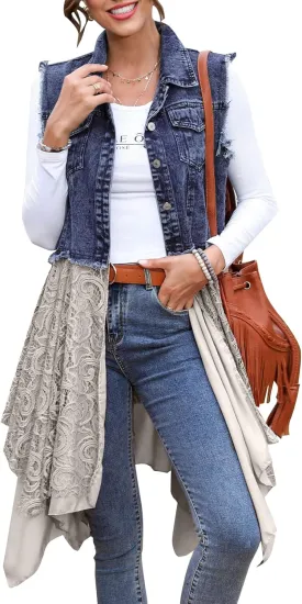 Flygo Women's Sleeveless Denim Vest Jean Dress Mid Long Irregular Lace Patchwork Draped Cardigan Jacket