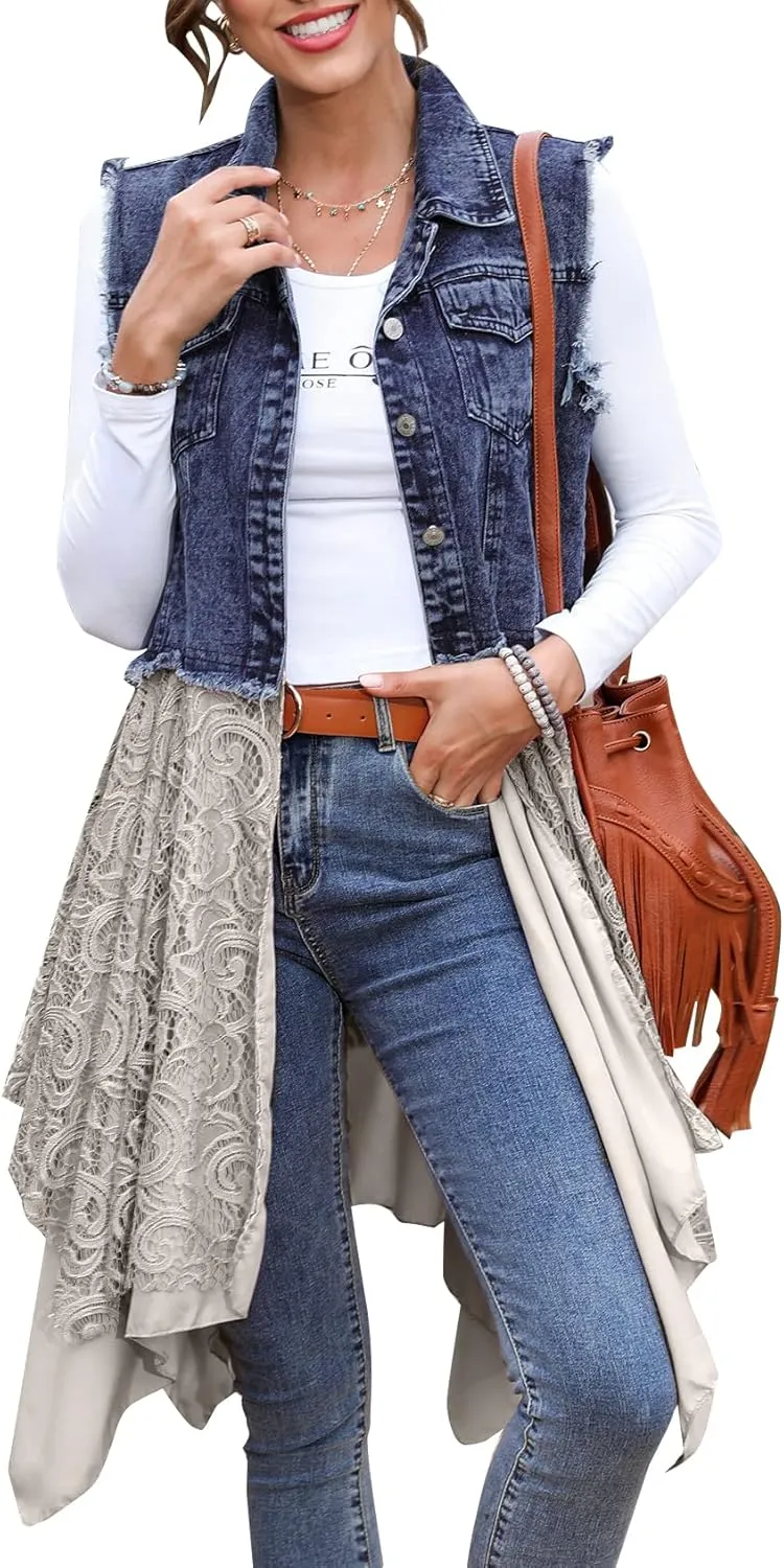 Flygo Women's Sleeveless Denim Vest Jean Dress Mid Long Irregular Lace Patchwork Draped Cardigan Jacket