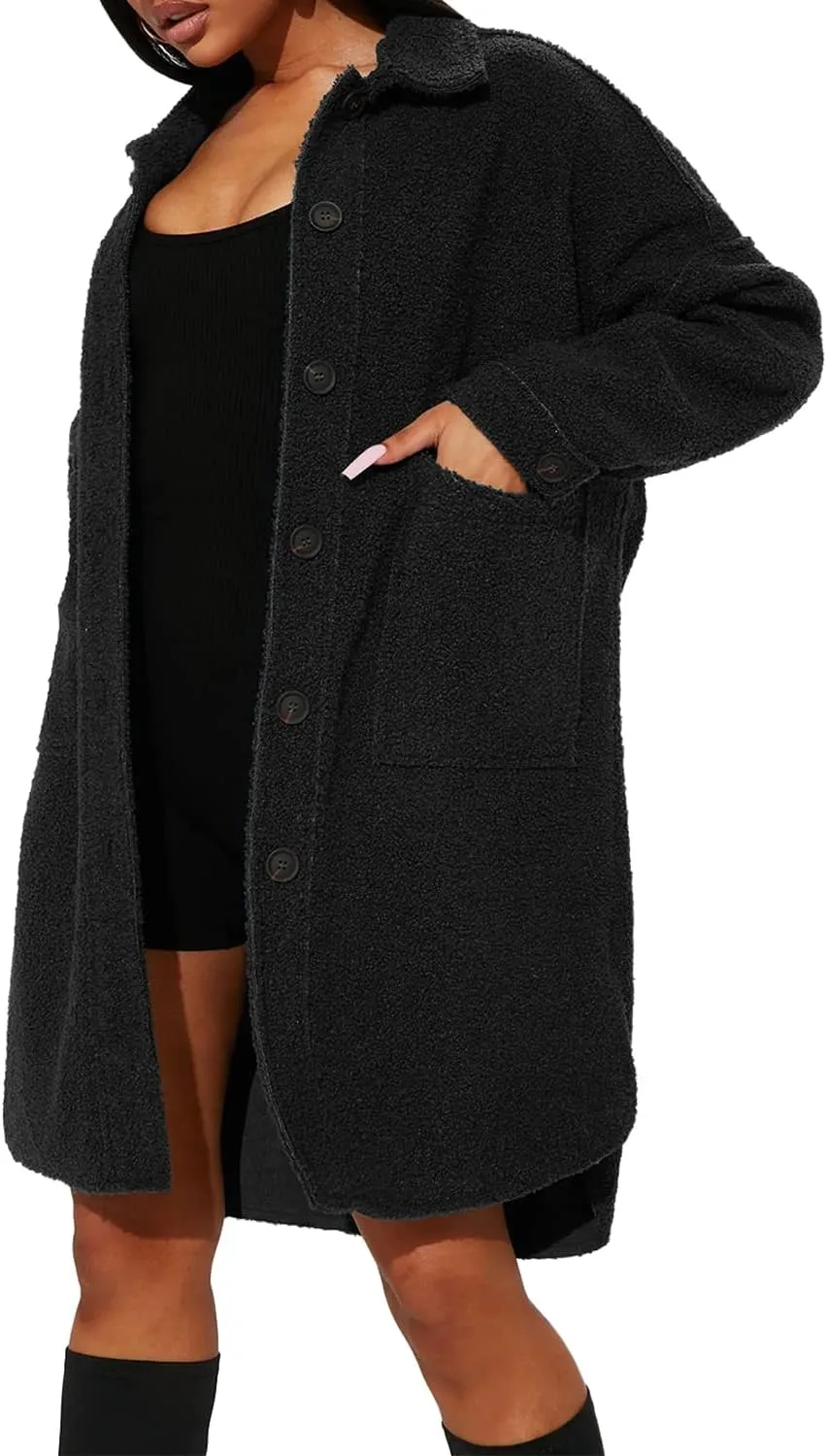 FSHAOES Women's Oversized Fleece Jackets Fuzzy Long Sleeve Open Front Teddy Jackets Sherpa Coat Long Cardigan Outerwear