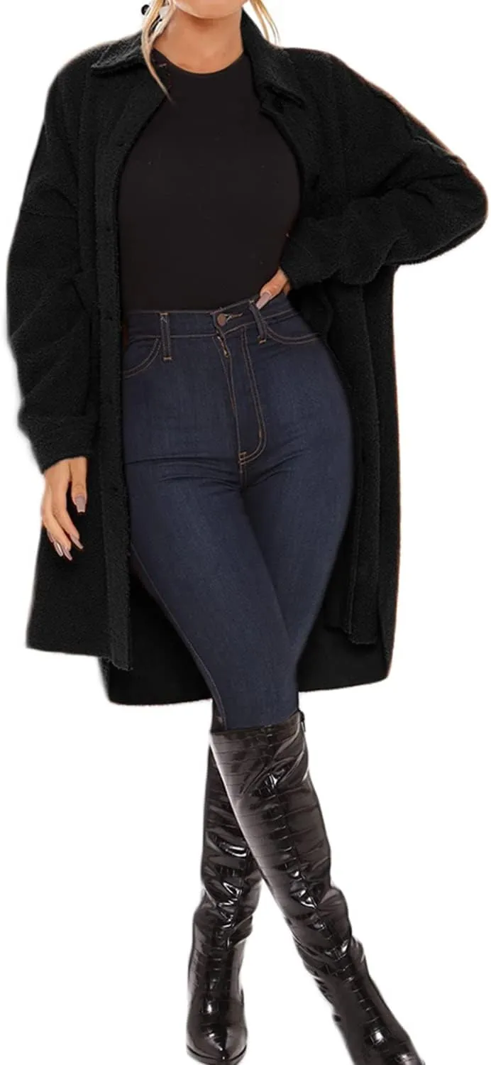 FSHAOES Women's Oversized Fleece Jackets Fuzzy Long Sleeve Open Front Teddy Jackets Sherpa Coat Long Cardigan Outerwear