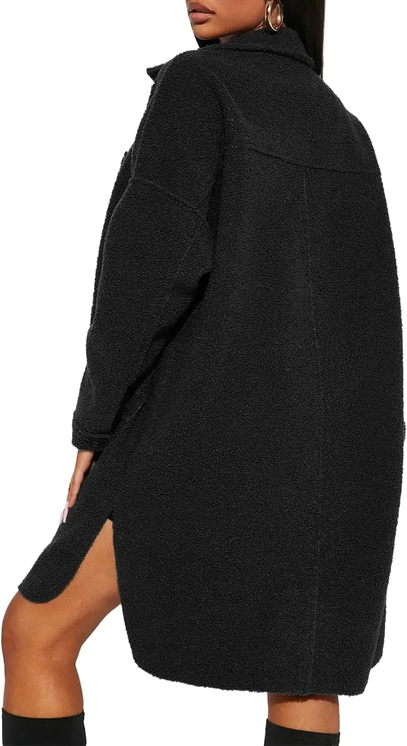 FSHAOES Women's Oversized Fleece Jackets Fuzzy Long Sleeve Open Front Teddy Jackets Sherpa Coat Long Cardigan Outerwear