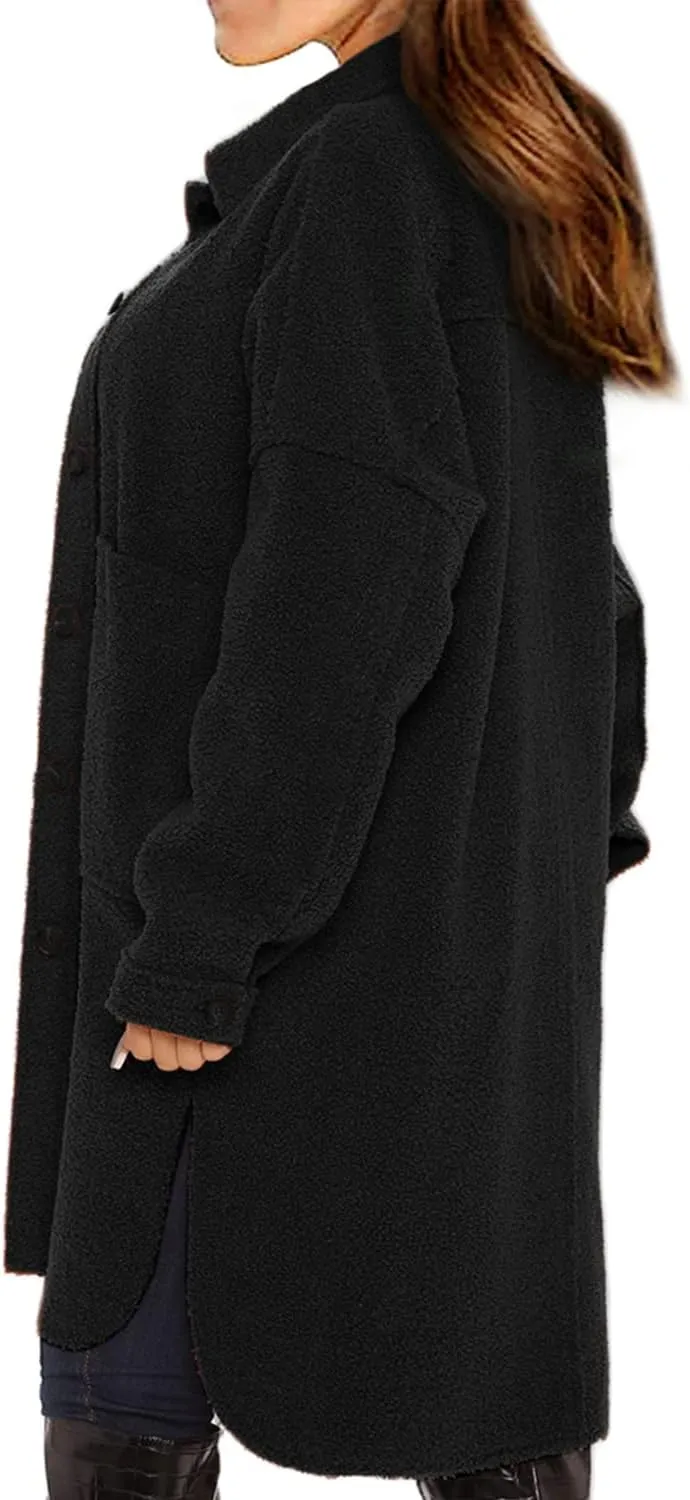 FSHAOES Women's Oversized Fleece Jackets Fuzzy Long Sleeve Open Front Teddy Jackets Sherpa Coat Long Cardigan Outerwear