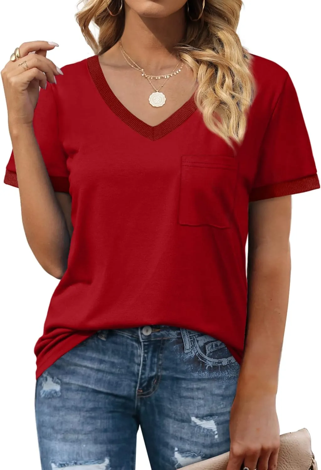 Geifa Womens T Shirts Short Sleeve V Neck Loose Casual Summer Tops with Pocket