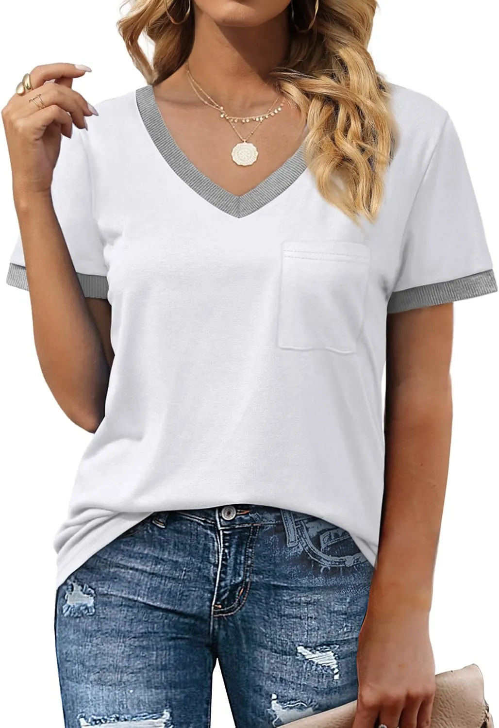 Geifa Womens T Shirts Short Sleeve V Neck Loose Casual Summer Tops with Pocket