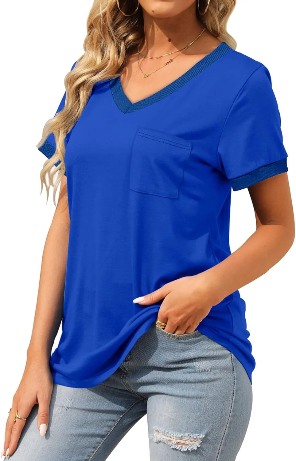 Geifa Womens T Shirts Short Sleeve V Neck Loose Casual Summer Tops with Pocket