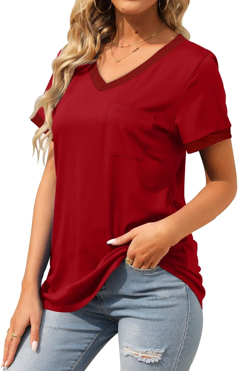 Geifa Womens T Shirts Short Sleeve V Neck Loose Casual Summer Tops with Pocket