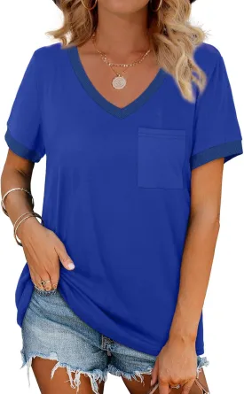 Geifa Womens T Shirts Short Sleeve V Neck Loose Casual Summer Tops with Pocket