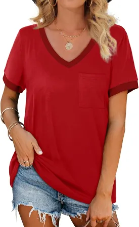 Geifa Womens T Shirts Short Sleeve V Neck Loose Casual Summer Tops with Pocket