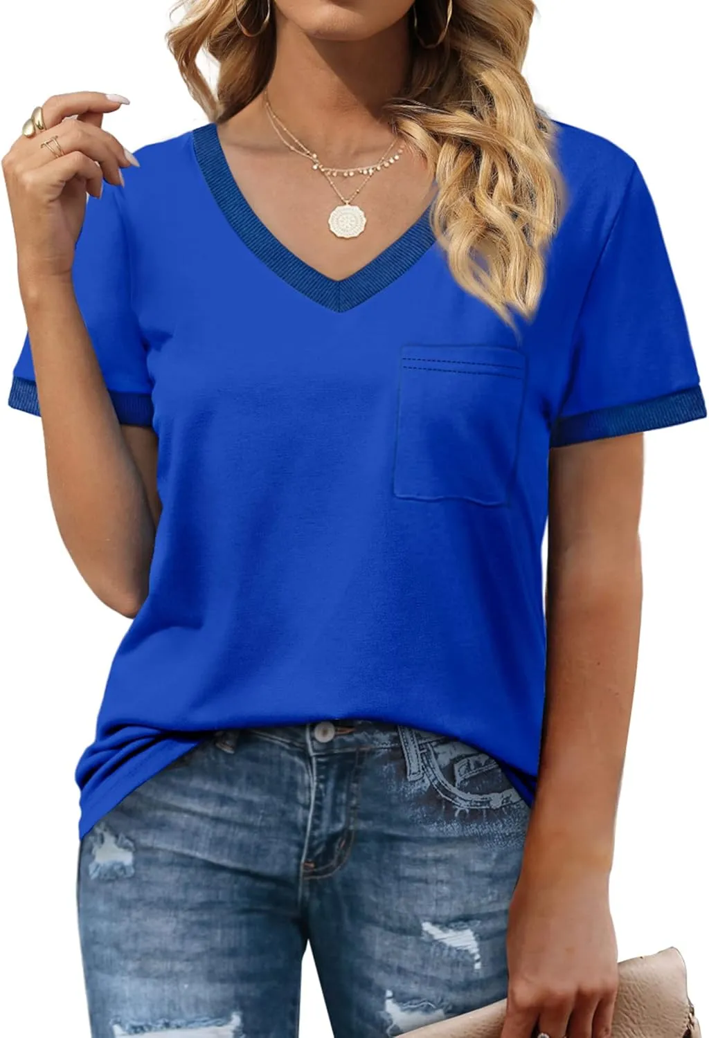 Geifa Womens T Shirts Short Sleeve V Neck Loose Casual Summer Tops with Pocket