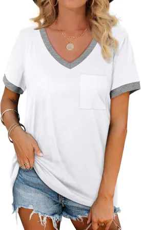 Geifa Womens T Shirts Short Sleeve V Neck Loose Casual Summer Tops with Pocket
