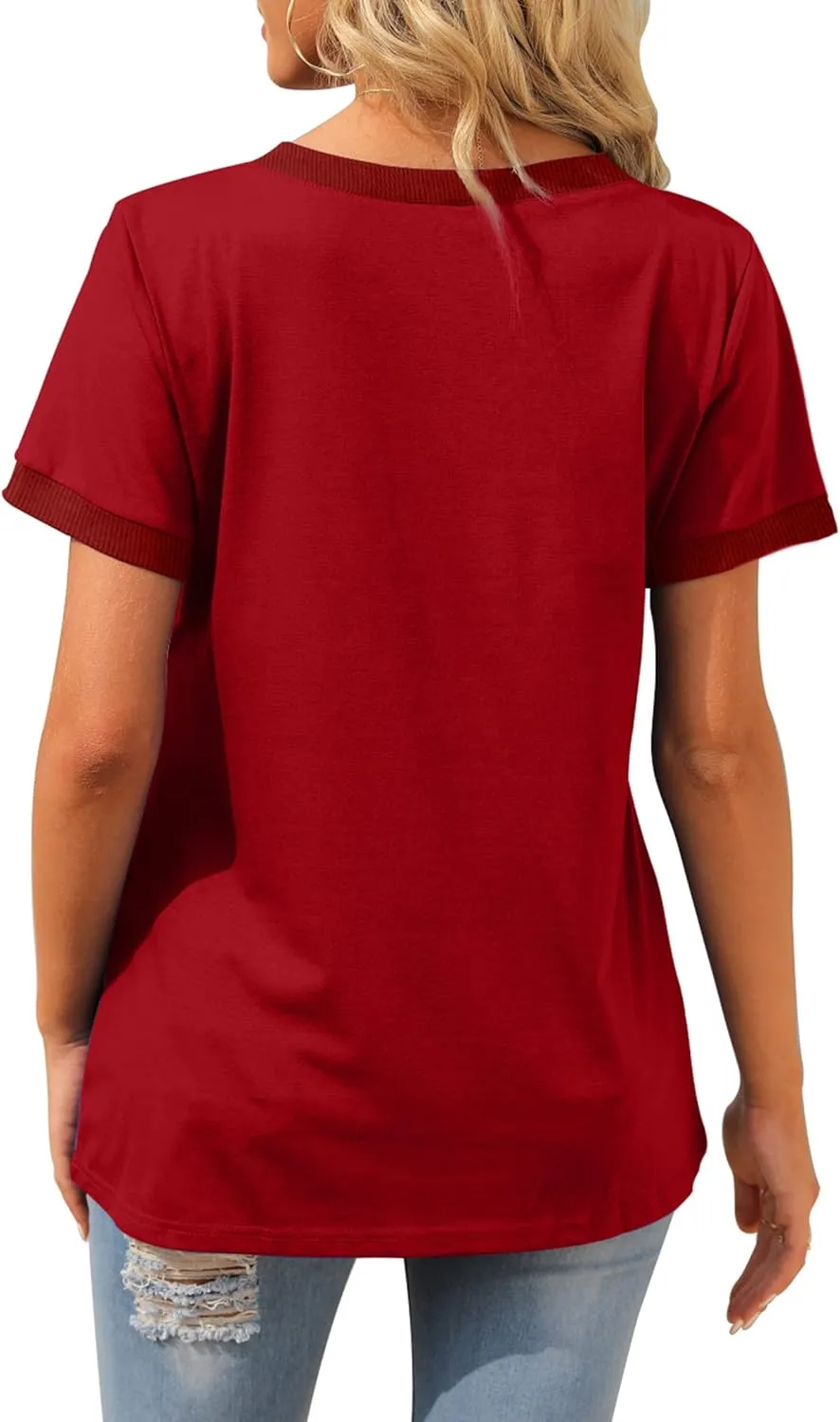 Geifa Womens T Shirts Short Sleeve V Neck Loose Casual Summer Tops with Pocket