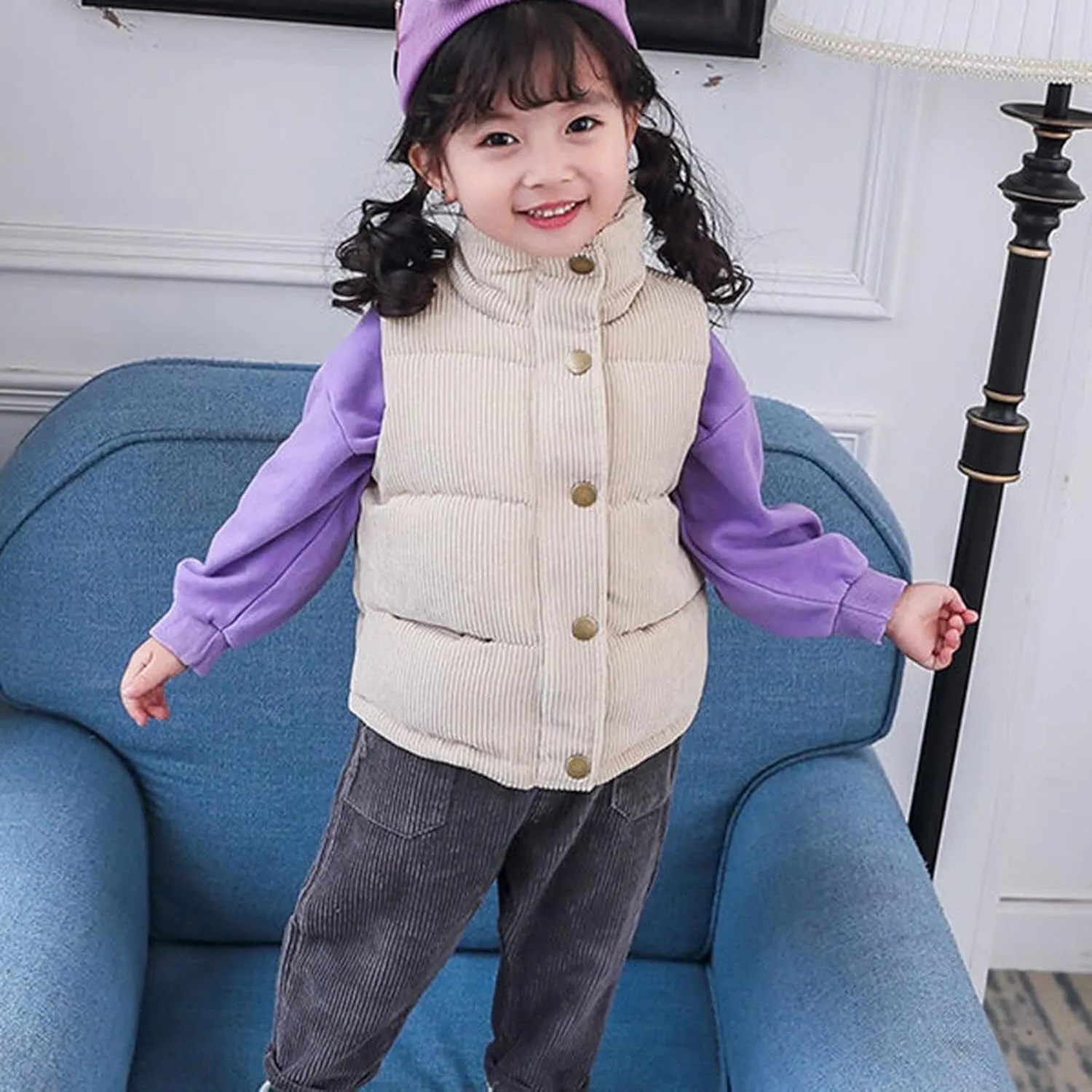 Girls and Toddler's Corduroy Jacket Puffer Vest Sleeveless Down Coat Baby Winter Coat Padded Quilted Vest Waistcoat