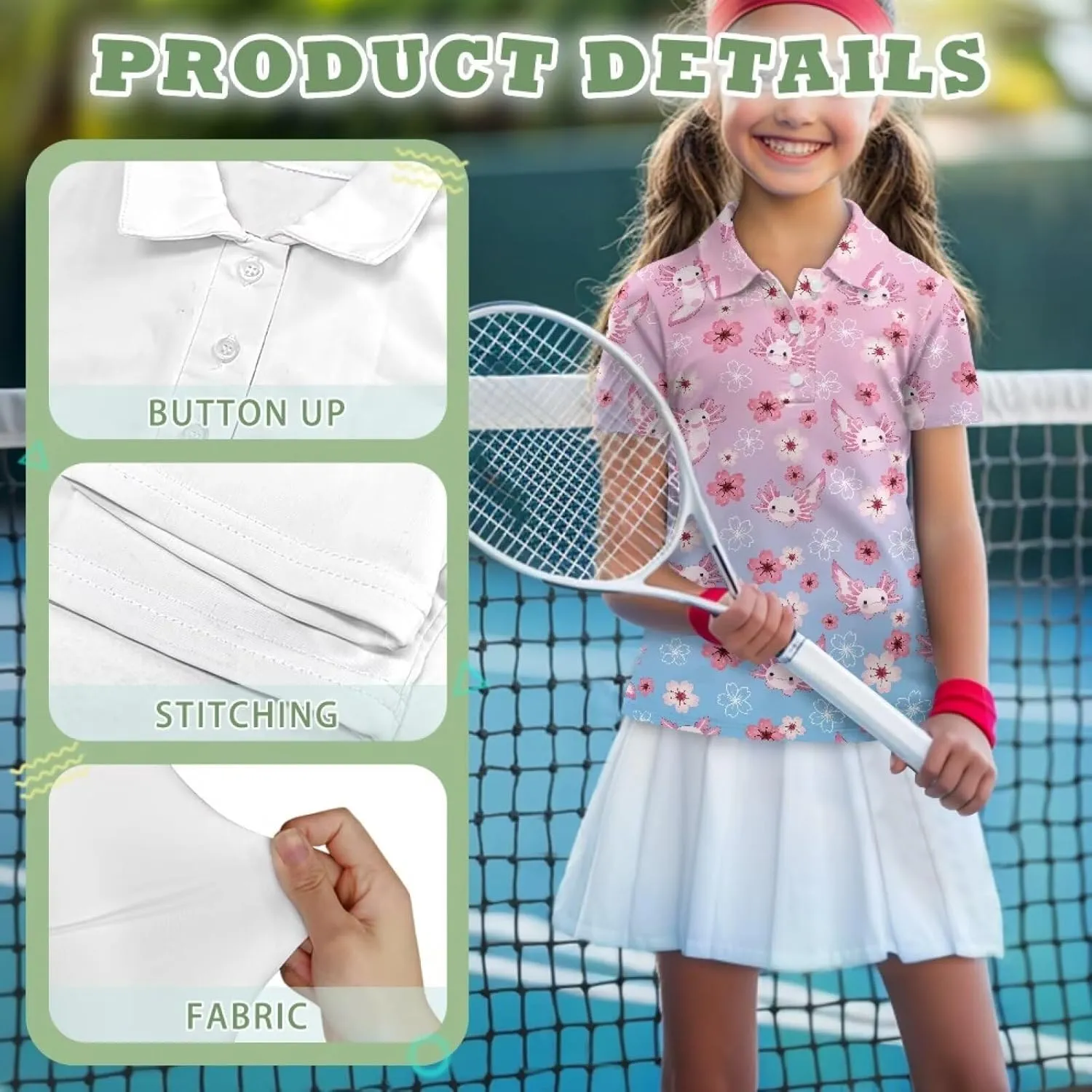 Girls' Button-Down Golf Polo Shirts Size 5-16 Short Sleeve Tops for Tennis