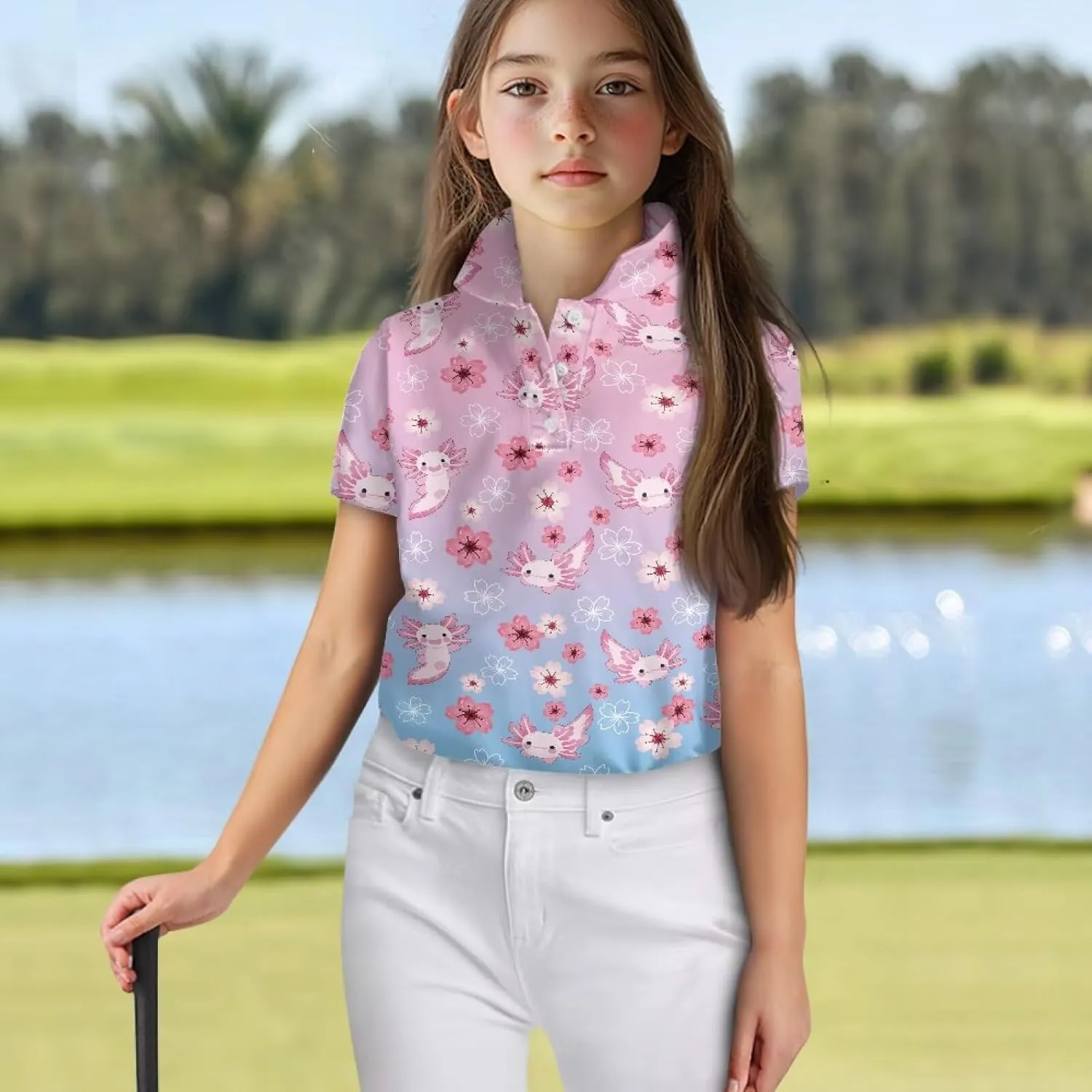 Girls' Button-Down Golf Polo Shirts Size 5-16 Short Sleeve Tops for Tennis