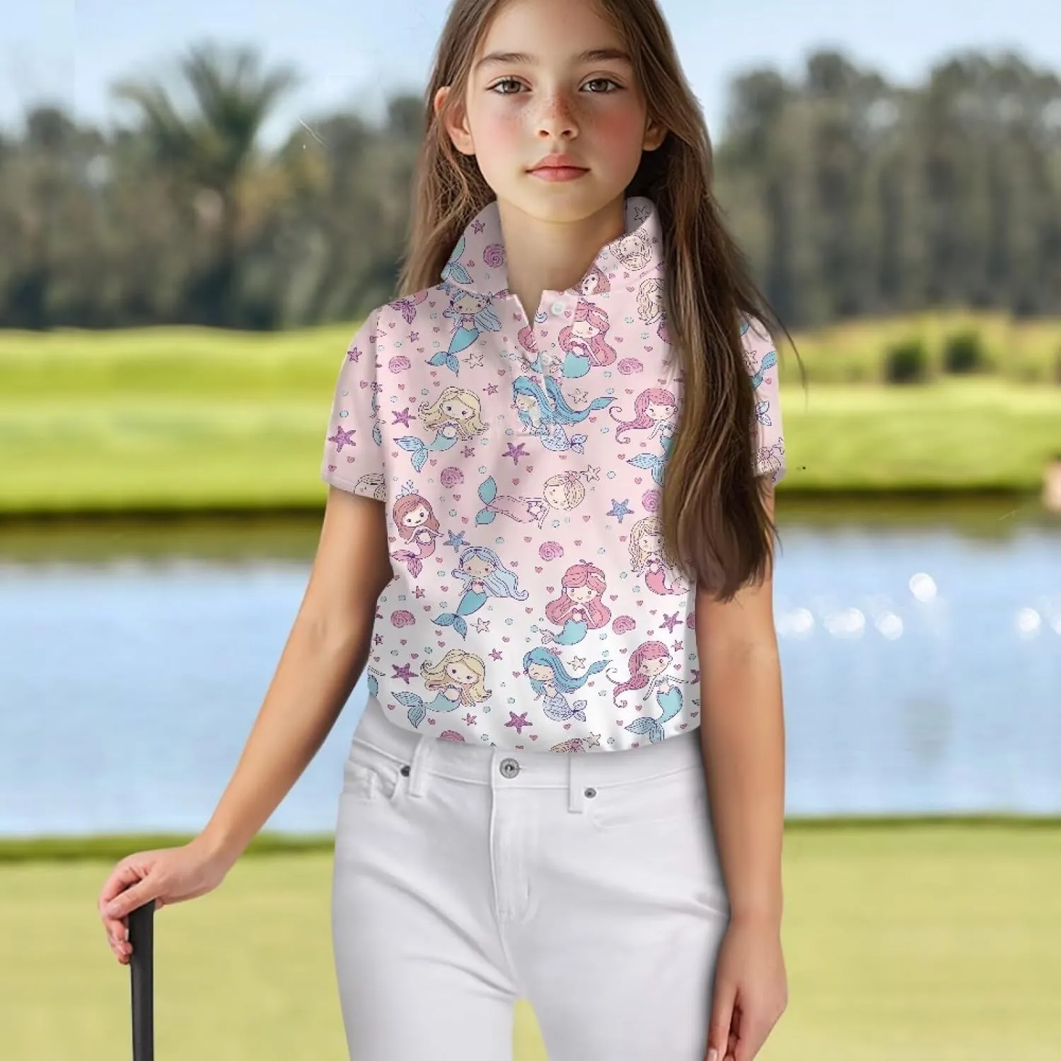 Girls' Button-Down Golf Polo Shirts Size 5-16 Short Sleeve Tops for Tennis