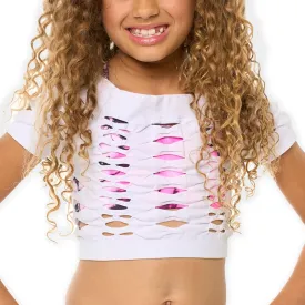 Girls Neon Shirts - Fishnet Crop Top Short Sleeve Sheer See Through Mesh Tops Shirt for Dance (Fits Ages 7-10)