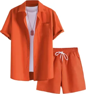 GORGLITTER Men's 2 Piece Outfits Short Sleeve Pocket Button Down Shirt and Drawstring Shorts Set