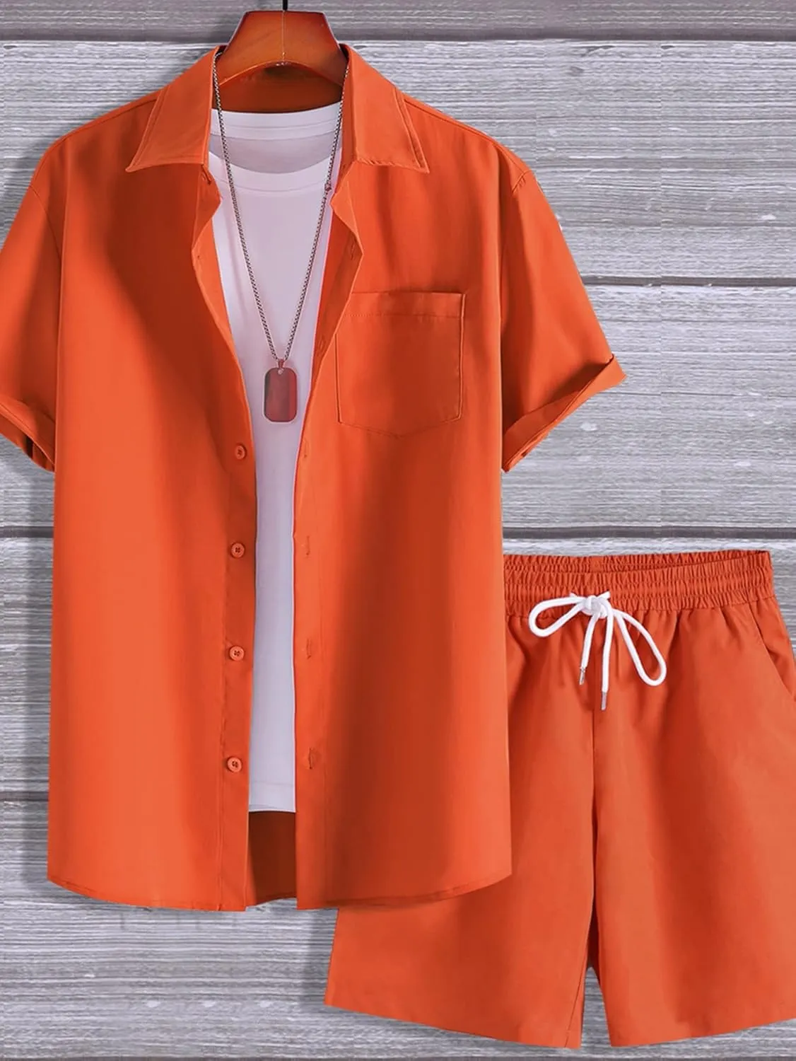 GORGLITTER Men's 2 Piece Outfits Short Sleeve Pocket Button Down Shirt and Drawstring Shorts Set