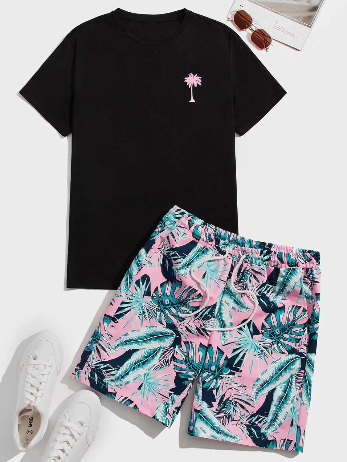 GORGLITTER Men's 2 Piece Short Sleeve Graphic Tee Hawaiian Printed Drawstring Shorts Set