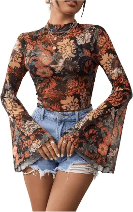 GORGLITTER Women's Floral Bell Sleeve Crop Tops 70s Mesh Vinatge Western Country Concert Blouse