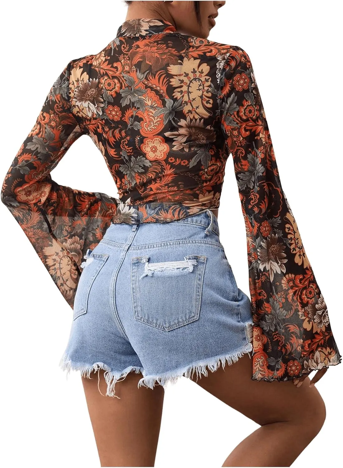 GORGLITTER Women's Floral Bell Sleeve Crop Tops 70s Mesh Vinatge Western Country Concert Blouse