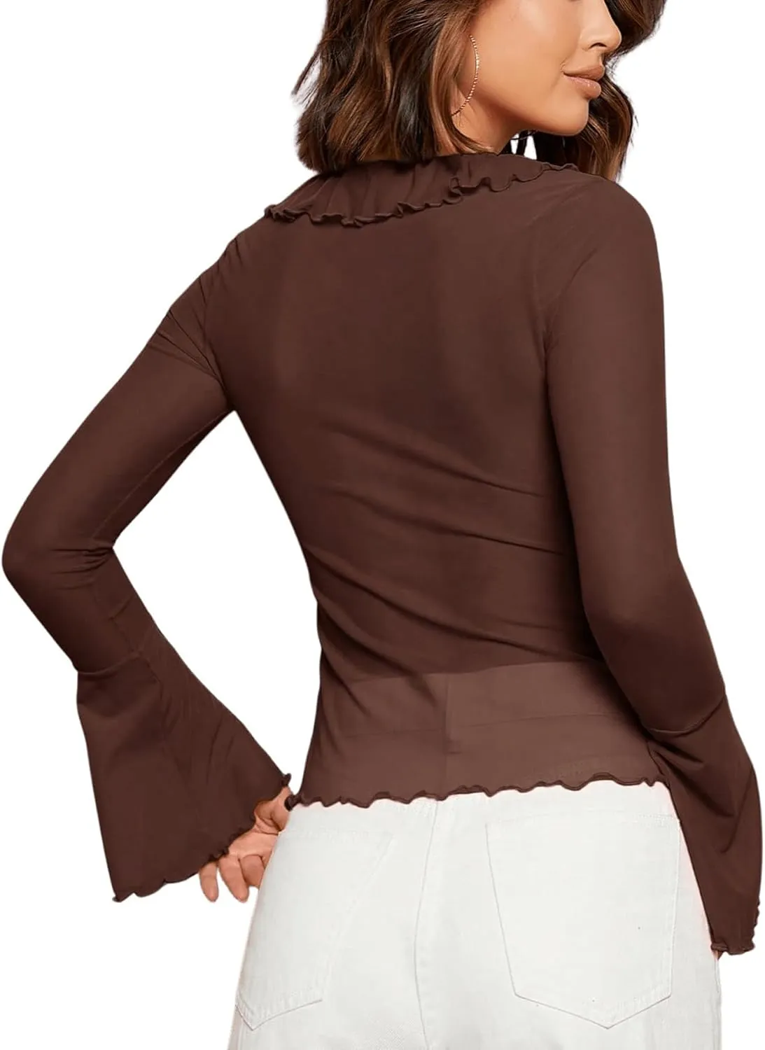 GORGLITTER Women's Sheer Mesh Tops Long Bell Sleeve Tie Front Vintage Ruffle Blouse Shirt