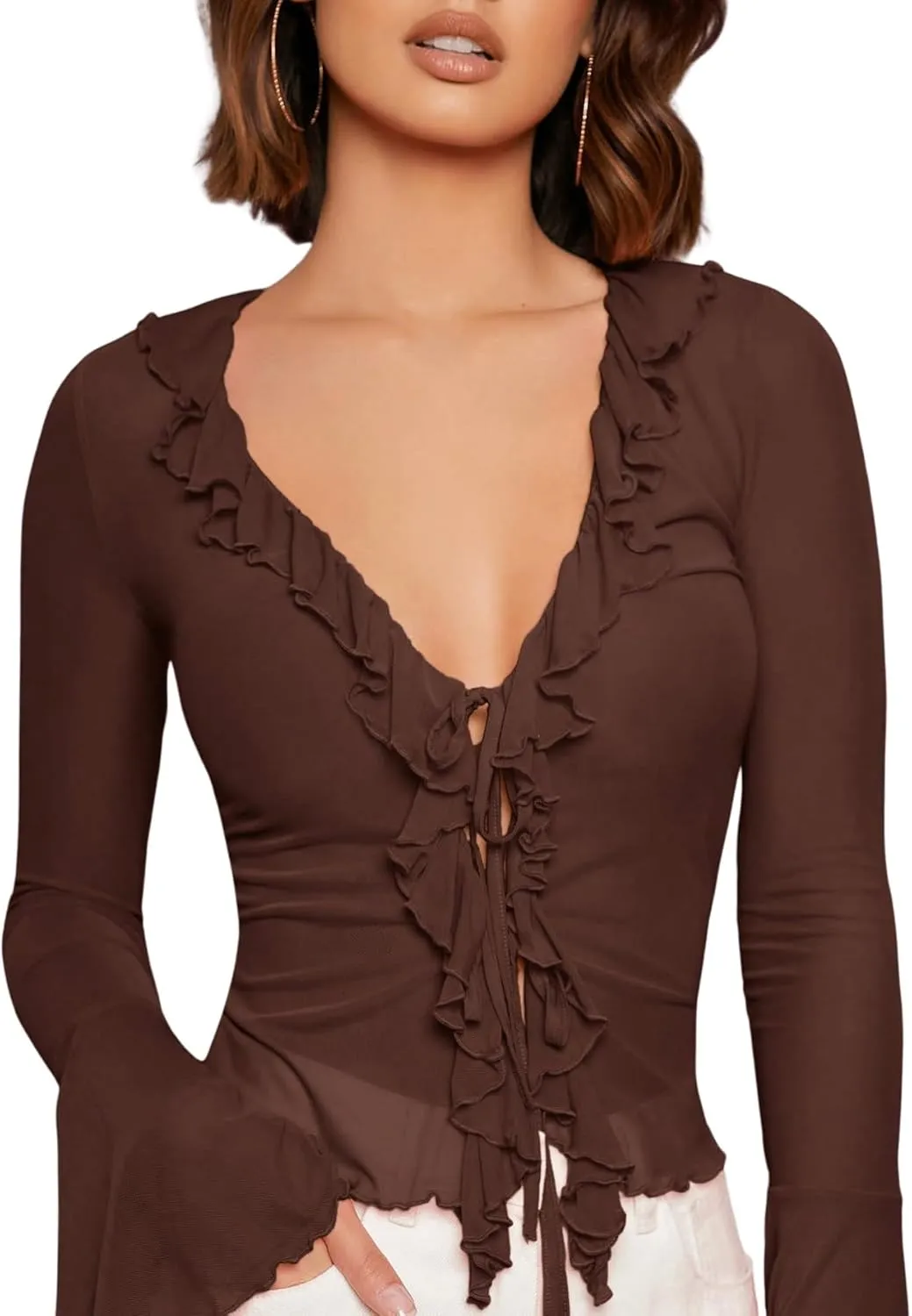 GORGLITTER Women's Sheer Mesh Tops Long Bell Sleeve Tie Front Vintage Ruffle Blouse Shirt